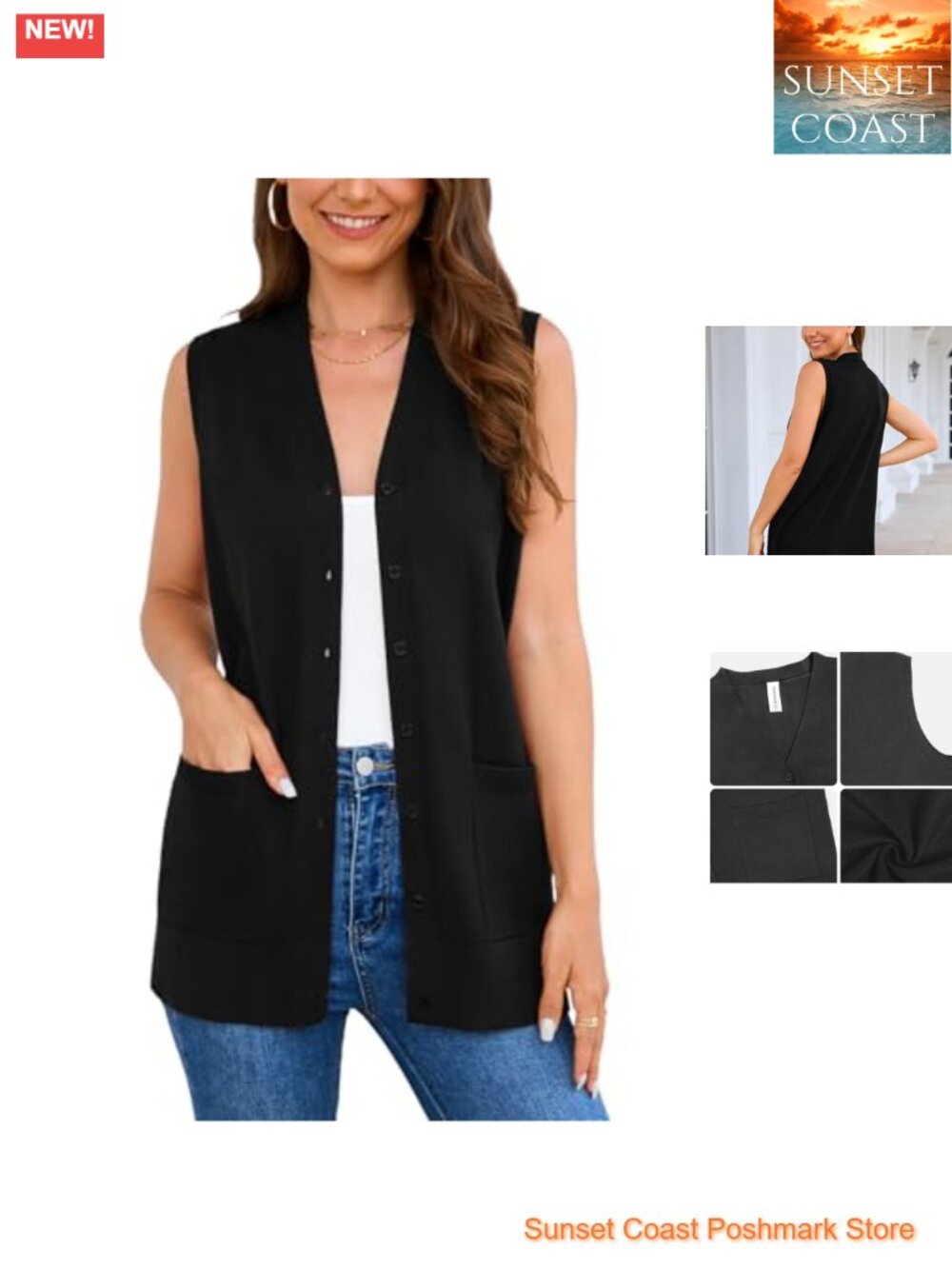 Sleeveless Button Down Knit Cardigan Vest with Pockets Soft Viscose